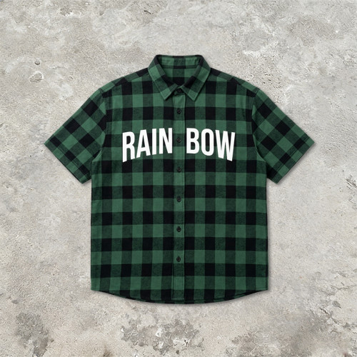 Front Letter Screen Print Plaid Short Sleeve Shirt | Oversized Fit | Turn-down Collar Button Top | OEM Streetwear