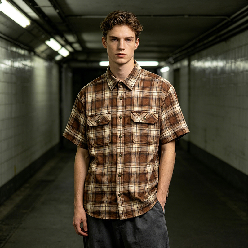 Vintage Dual Chest Pockets Plaid Short Sleeve Shirt
