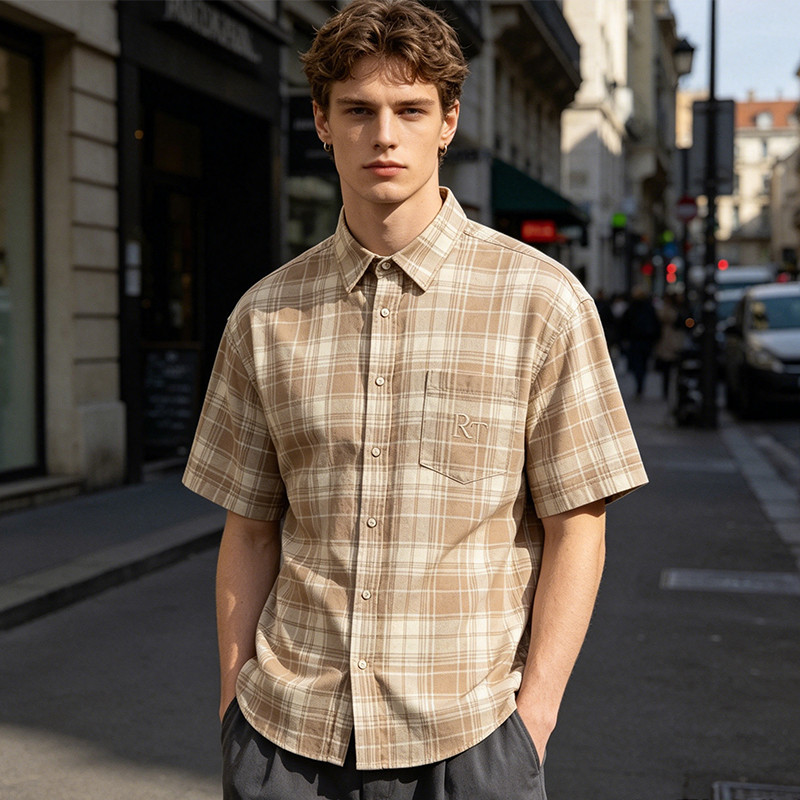 Embroidered Plaid Short Sleeve Shirt