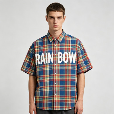 Short Sleeve Plaid Shirt With Front Screen Print | Loose Boxy Fit | Casual Wear | Custom Streetwear