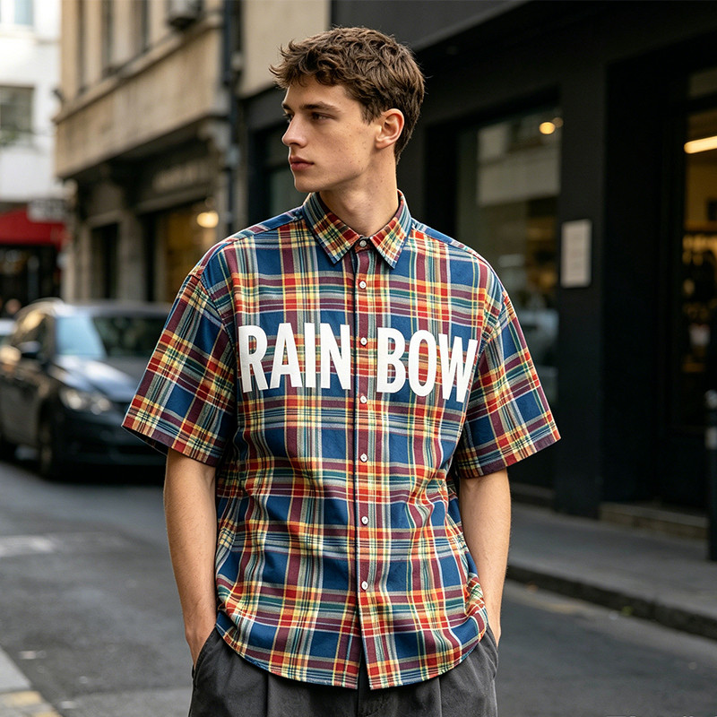 Short Sleeve Plaid Shirt With Front Screen Print