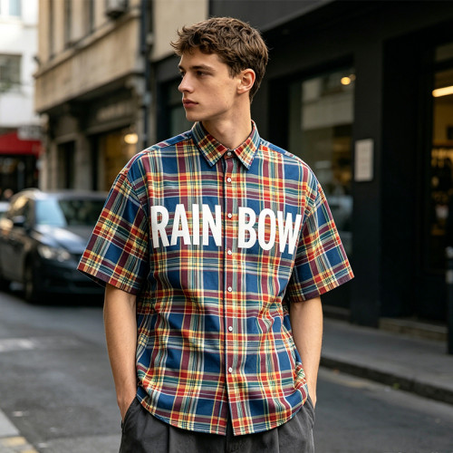 Short Sleeve Plaid Shirt With Front Screen Print | Loose Boxy Fit | Casual Wear | Custom Streetwear