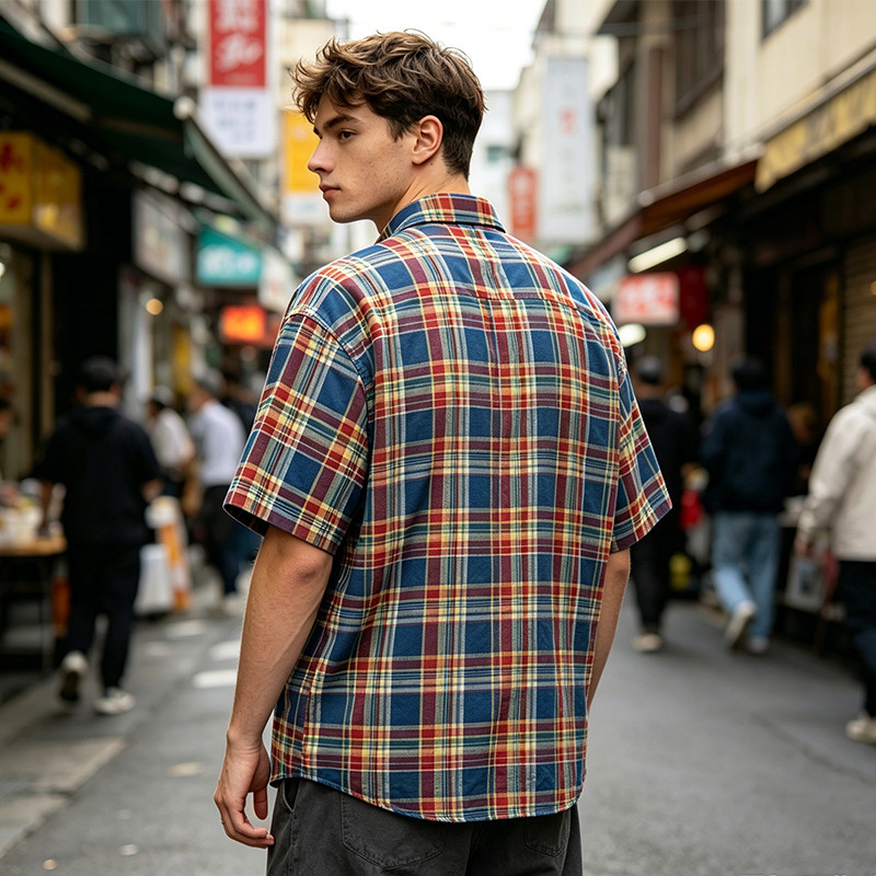 Short Sleeve Plaid Shirt With Front Screen Print