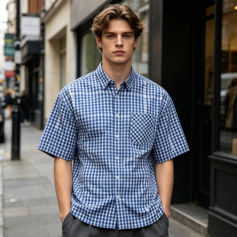 Gingham Plaid Woven Short Sleeve Shirt