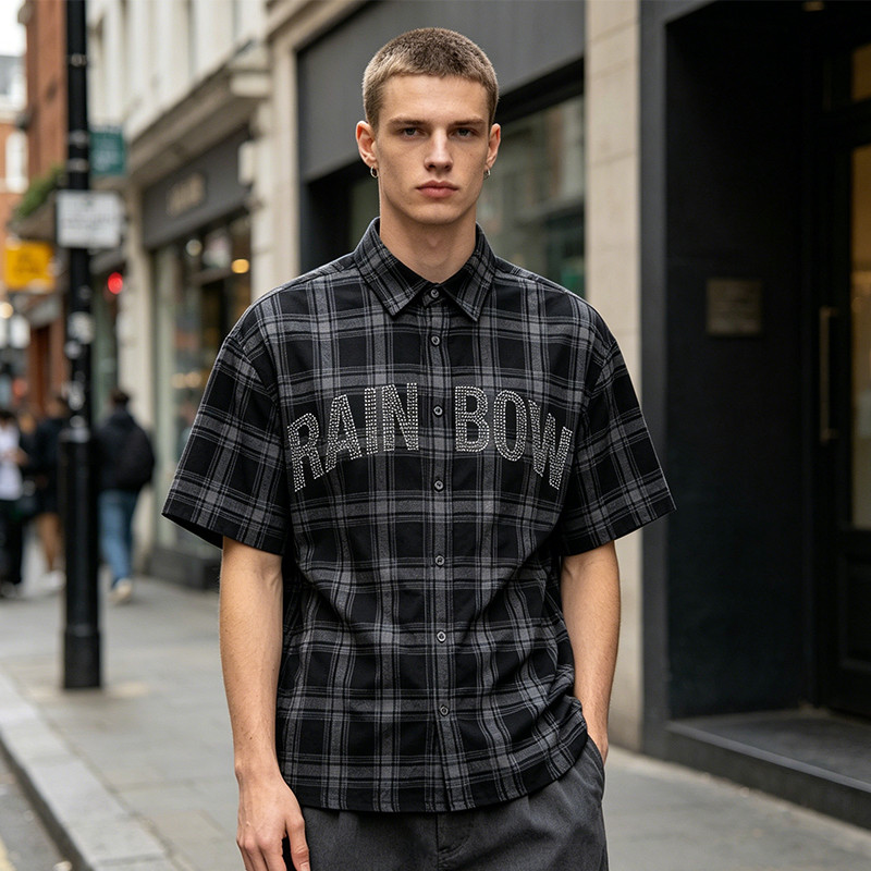 Rhinestone Hotfix Plaid Short Sleeve Shirt