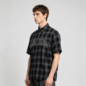 Rhinestone Hotfix Plaid Short Sleeve Shirt | Oversize Fit | Hip Hop Daily Streetwear | Clothing Manufacturer
