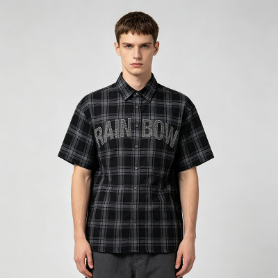 Rhinestone Hotfix Plaid Short Sleeve Shirt | Oversize Fit | Hip Hop Daily Streetwear | Clothing Manufacturer