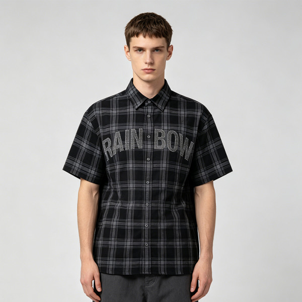 Rhinestone Hotfix Plaid Short Sleeve Shirt | Oversize Fit | Hip Hop Daily Streetwear | Clothing Manufacturer
