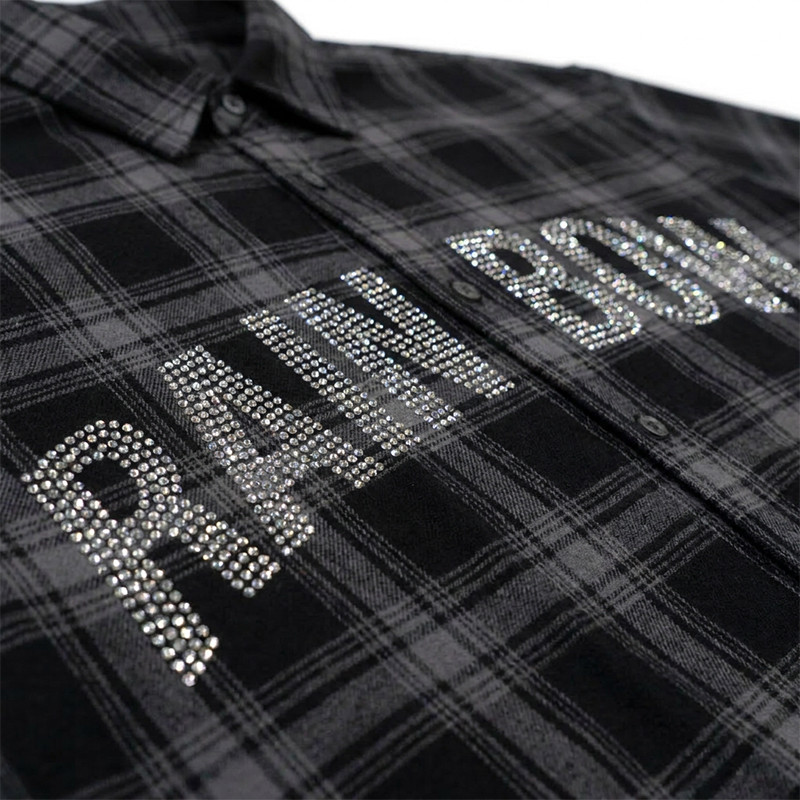 Rhinestone Hotfix Plaid Short Sleeve Shirt