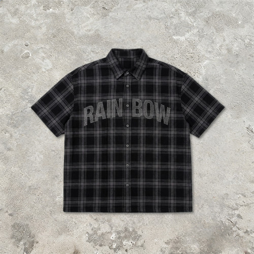 Rhinestone Hotfix Plaid Short Sleeve Shirt | Oversize Fit | Hip Hop Daily Streetwear | Clothing Manufacturer