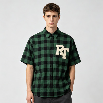 Plaid Applique Short Sleeve Shirt | Loose Boxy Fit | Street Daily Wear | Custom Streetwear