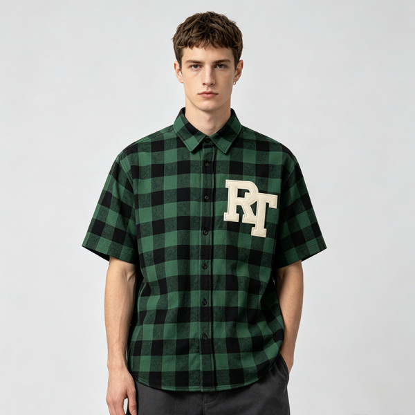 Plaid Applique Short Sleeve Shirt | Loose Boxy Fit | Street Daily Wear | Custom Streetwear