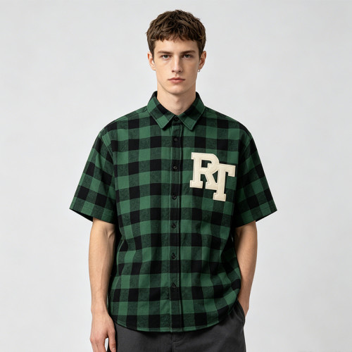 Plaid Applique Short Sleeve Shirt | Loose Boxy Fit | Street Daily Wear | Custom Streetwear