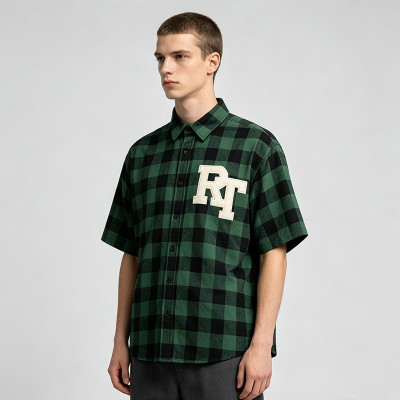Plaid Applique Short Sleeve Shirt | Loose Boxy Fit | Street Daily Wear | Custom Streetwear