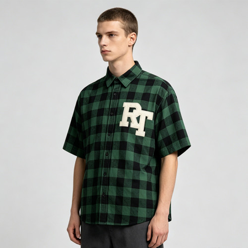 Plaid Applique Short Sleeve Shirt | Loose Boxy Fit | Street Daily Wear | Custom Streetwear