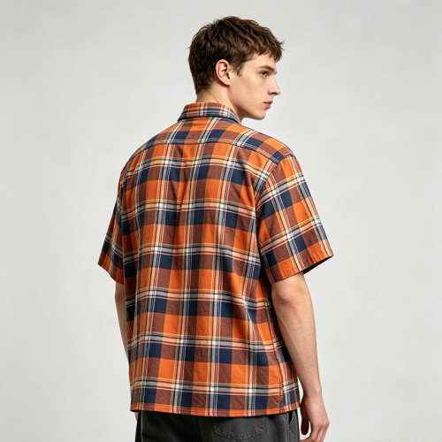 Towel Embroidery Applique Plaid Short Sleeve Shirt | Oversize Fit | Daily Street Casual Wear | OEM Streetwear