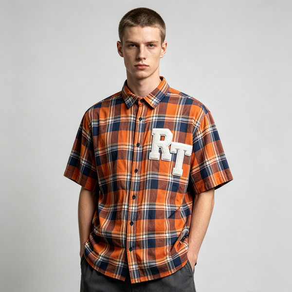 Towel Embroidery Applique Plaid Short Sleeve Shirt | Oversize Fit | Daily Street Casual Wear | OEM Streetwear