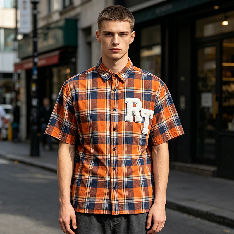 Towel Embroidery Applique Plaid Short Sleeve Shirt
