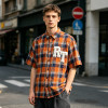 Towel Embroidery Applique Plaid Short Sleeve Shirt | Oversize Fit | Daily Street Casual Wear | OEM Streetwear