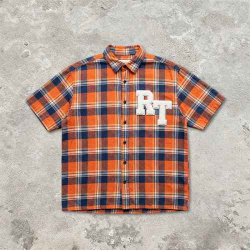 Towel Embroidery Applique Plaid Short Sleeve Shirt | Oversize Fit | Daily Street Casual Wear | OEM Streetwear