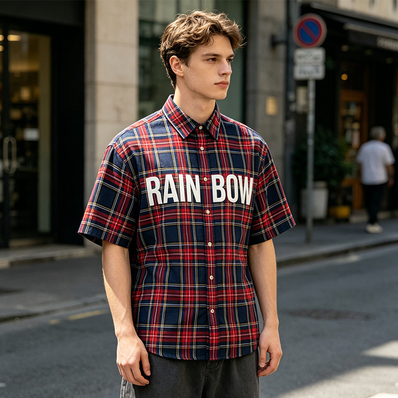 Silicone Rubber Print Plaid Short Sleeve Shirt