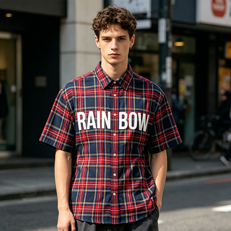 Silicone Rubber Print Plaid Short Sleeve Shirt