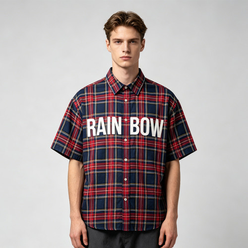 Silicone Rubber Print Plaid Short Sleeve Shirt | Oversized Fit | Clothing Manufacturer