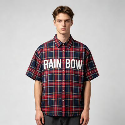 Silicone Rubber Print Plaid Short Sleeve Shirt | Oversized Fit | Clothing Manufacturer