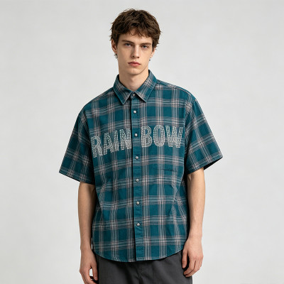 Plaid Rhinestone Short Sleeve Shirt | Oversize Fit | Daily Street Casual Wear | Custom Streetwear