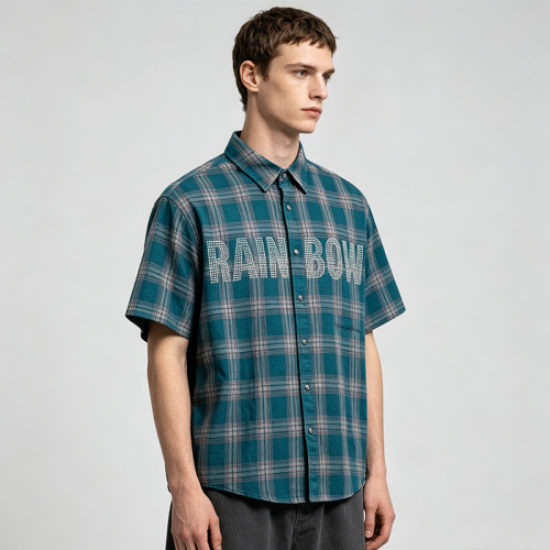 Plaid Rhinestone Short Sleeve Shirt | Oversize Fit | Daily Street Casual Wear | Custom Streetwear
