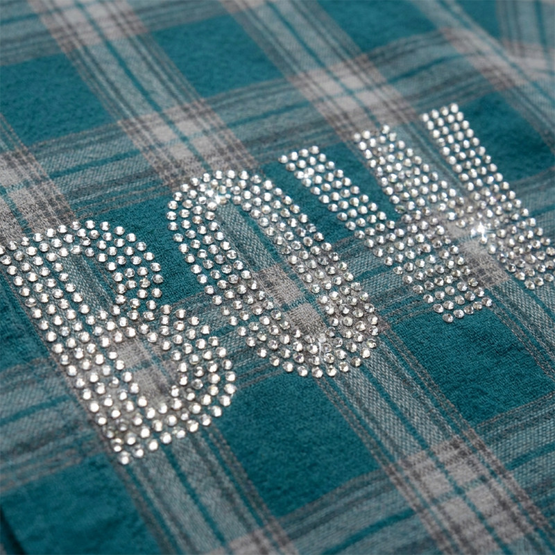 Plaid Rhinestone Short Sleeve Shirt