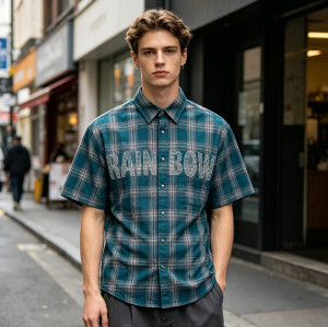 Plaid Rhinestone Short Sleeve Shirt | Oversize Fit | Daily Street Casual Wear | Custom Streetwear