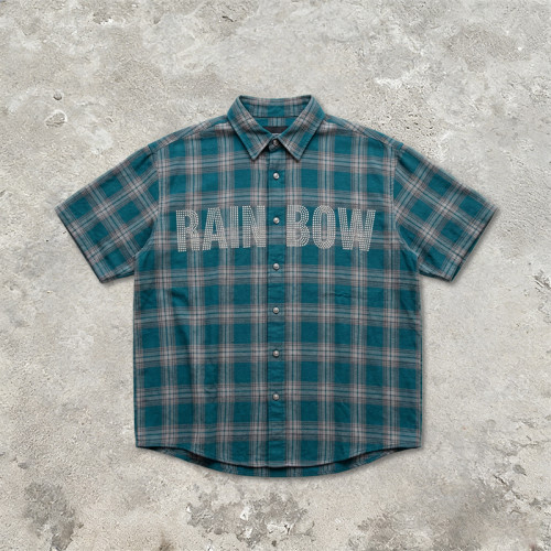 Plaid Rhinestone Short Sleeve Shirt | Oversize Fit | Daily Street Casual Wear | Custom Streetwear
