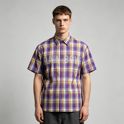 Rhinestone Plaid Short Sleeve Shirt | Oversize Boxy Cut | Street Daily Outfit | OEM Streetwear