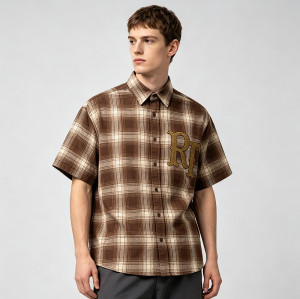 Plaid Short Sleeve Shirt With RT Rhinestone | Loose Oversized Fit | Daily Street Casual Wear | OEM Streetwear