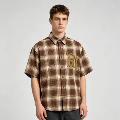 Plaid Short Sleeve Shirt With RT Rhinestone | Loose Oversized Fit | Daily Street Casual Wear | OEM Streetwear