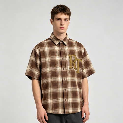 Plaid Short Sleeve Shirt With RT Rhinestone | Loose Oversized Fit | Daily Street Casual Wear | OEM Streetwear