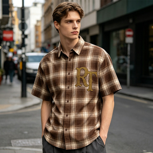 Plaid Short Sleeve Shirt With RT Rhinestone | Loose Oversized Fit | Daily Street Casual Wear | OEM Streetwear
