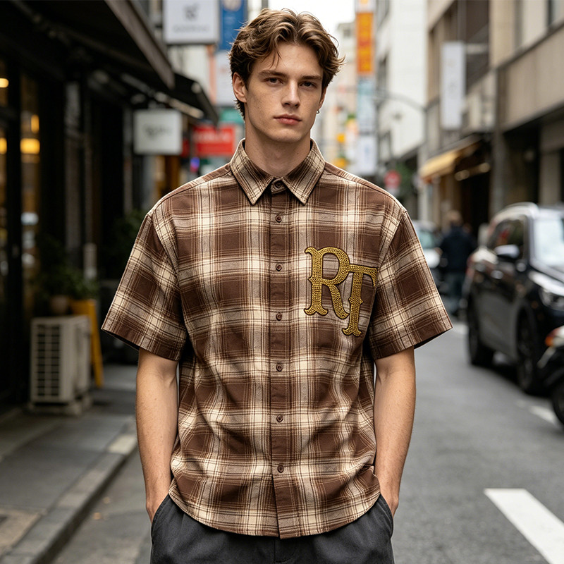 Plaid Short Sleeve Shirt With RT Rhinestone