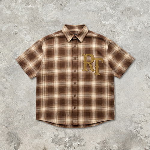 Plaid Short Sleeve Shirt With RT Rhinestone | Loose Oversized Fit | Daily Street Casual Wear | OEM Streetwear