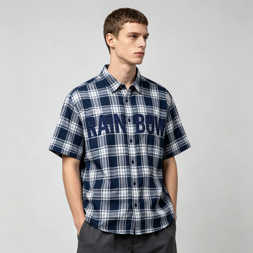 Plaid Rhinestone Hotfix Short Sleeve Shirt | Cotton Blend Plaid Loose Fit | Casual Streetwear | Custom Streetwear