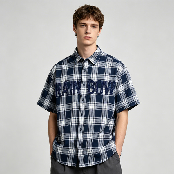 Plaid Rhinestone Hotfix Short Sleeve Shirt | Cotton Blend Plaid Loose Fit | Casual Streetwear | Custom Streetwear