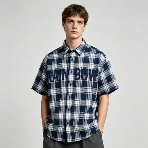Plaid Rhinestone Hotfix Short Sleeve Shirt | Cotton Blend Plaid Loose Fit | Casual Streetwear | Custom Streetwear