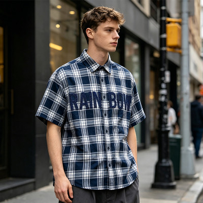 Plaid Rhinestone Hotfix Short Sleeve Shirt | Cotton Blend Plaid Loose Fit | Casual Streetwear | Custom Streetwear