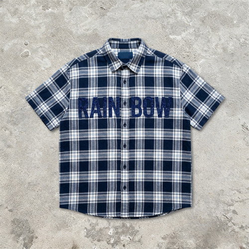Plaid Rhinestone Hotfix Short Sleeve Shirt | Cotton Blend Plaid Loose Fit | Casual Streetwear | Custom Streetwear