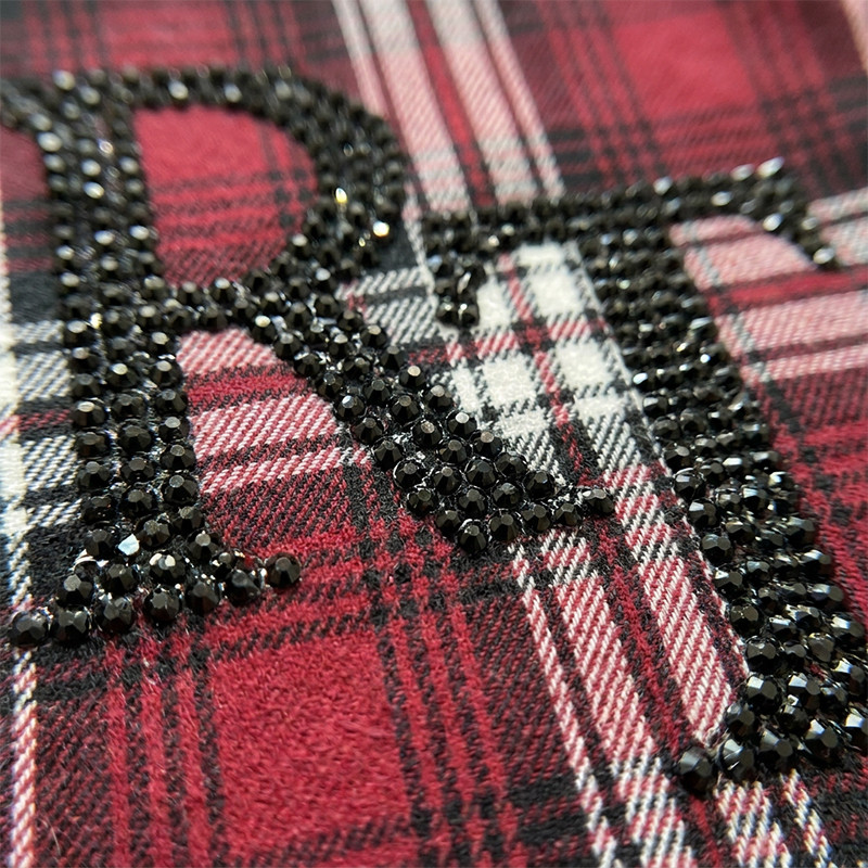 Red Plaid Rhinestone Hotfix Short Sleeve Shirt