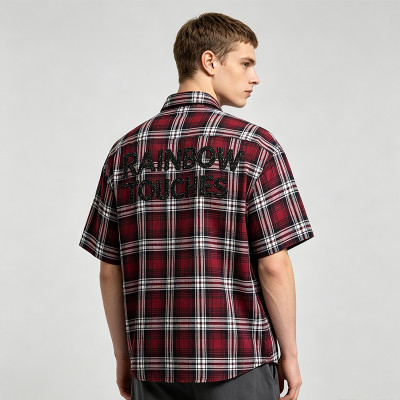 Red Plaid Rhinestone Hotfix Short Sleeve Shirt | Daily Street Outfit | OEM Streetwear