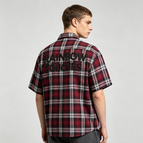 Red Plaid Rhinestone Hotfix Short Sleeve Shirt | Daily Street Outfit | OEM Streetwear