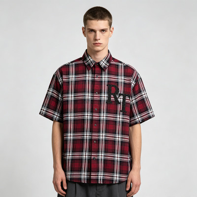 Red Plaid Rhinestone Hotfix Short Sleeve Shirt | Daily Street Outfit | OEM Streetwear