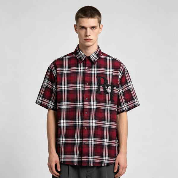 Red Plaid Rhinestone Hotfix Short Sleeve Shirt | Daily Street Outfit | OEM Streetwear